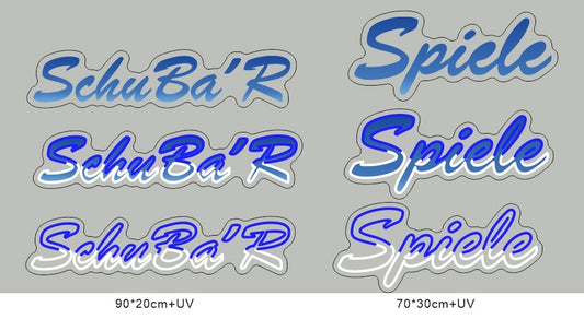 LED Neonschilder: SchuBa‘R 90x20cm und Spiele 70x30cm - LEDs: Blau und Weiß - UV Druck - Cut to Shape