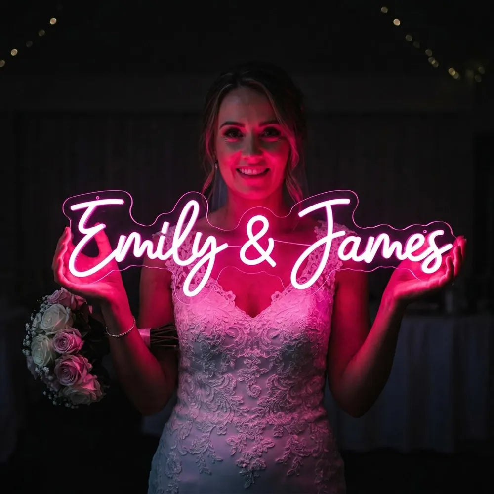 Wedding neon sign with the names Emily and James